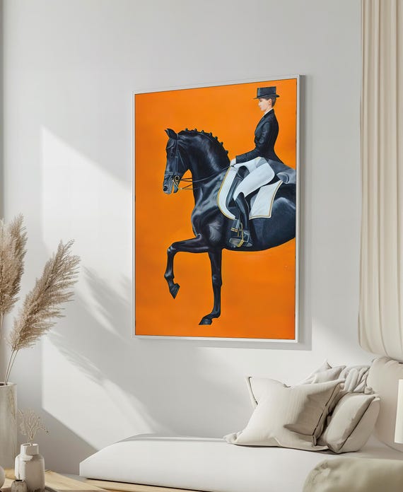 Elegant Equestrian Portrait Black Stallion With Rider On Bold Orange Modern Art For Horse Lovers