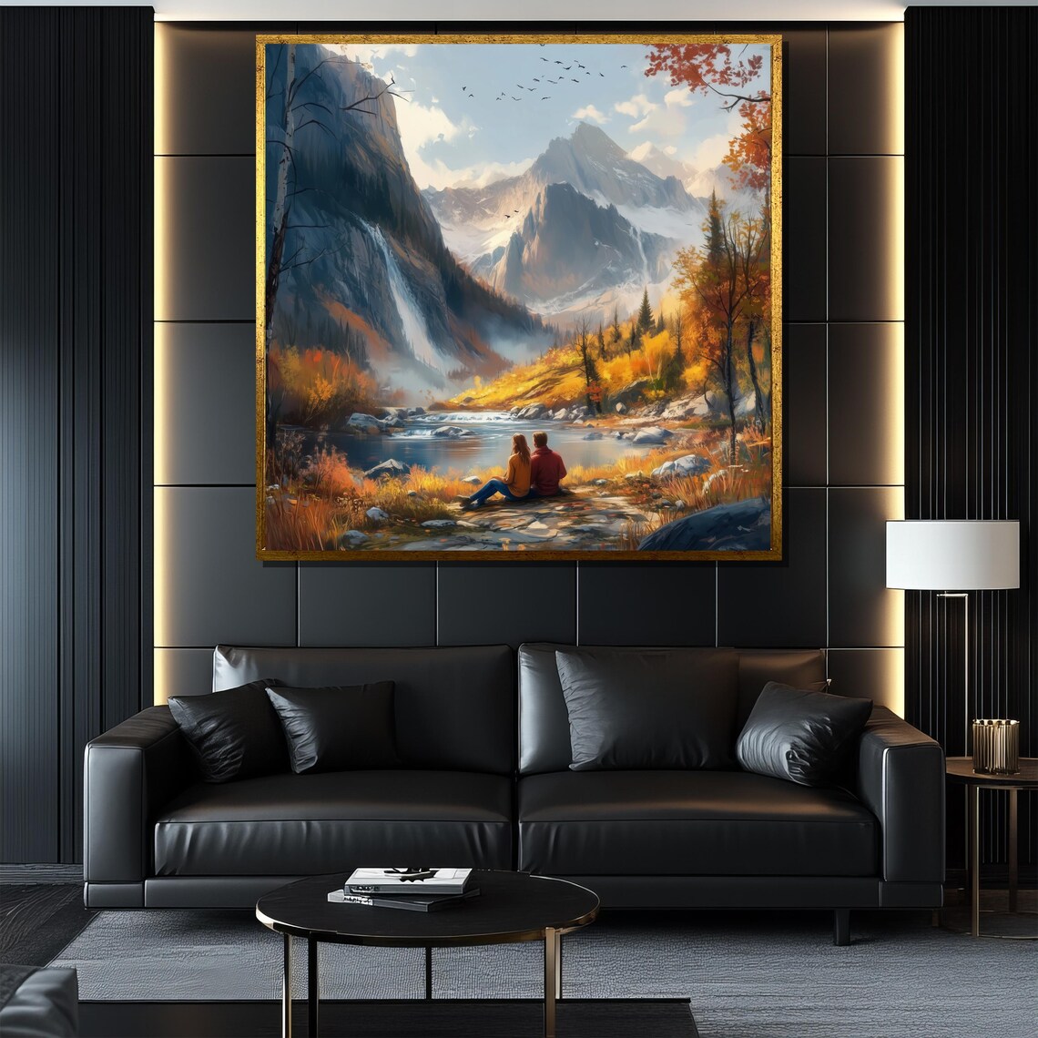 Couple by Alpine Lake With Waterfall and Snowy Peaks Art Poster - Image 4