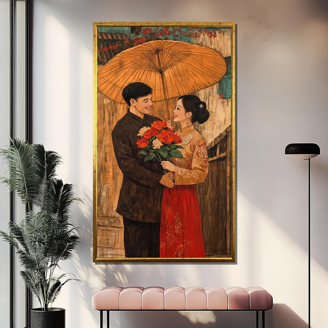 Asian Couple Under Oil Paper Umbrella Traditional Romance Poster