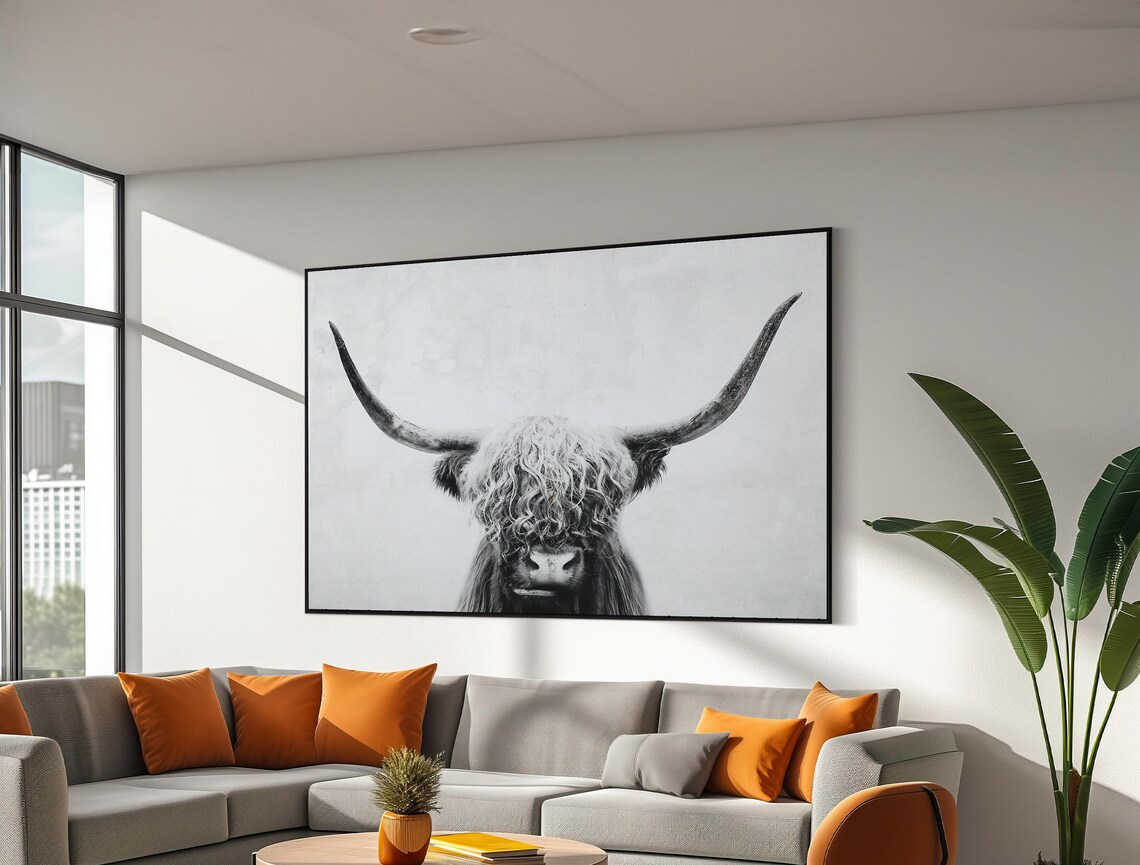 Highland Cow Monochrome Portrait Rustic Farmhouse Decor Poster