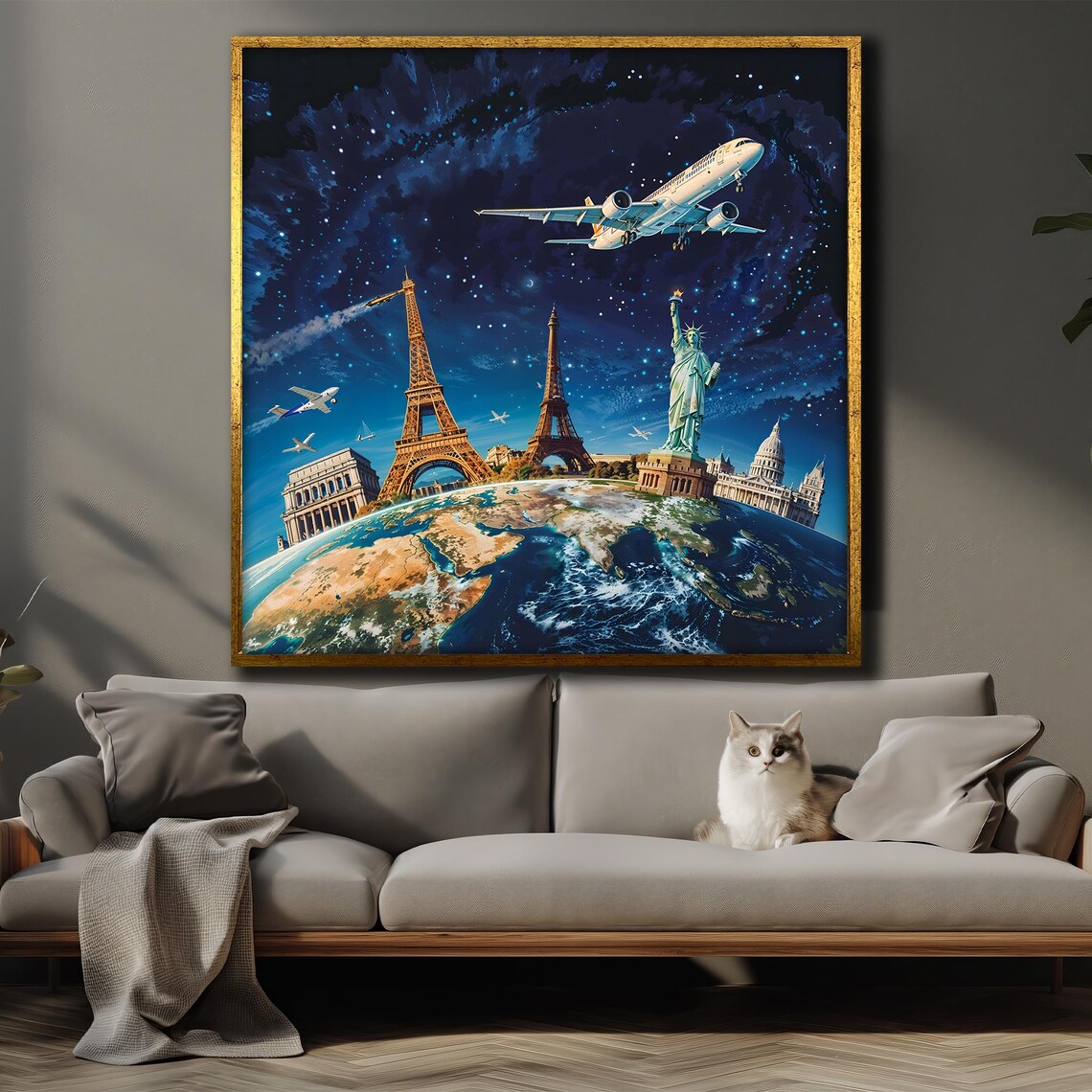 World Landmarks Under Starry Night Airplane Adventure Travel Poster - Image 4