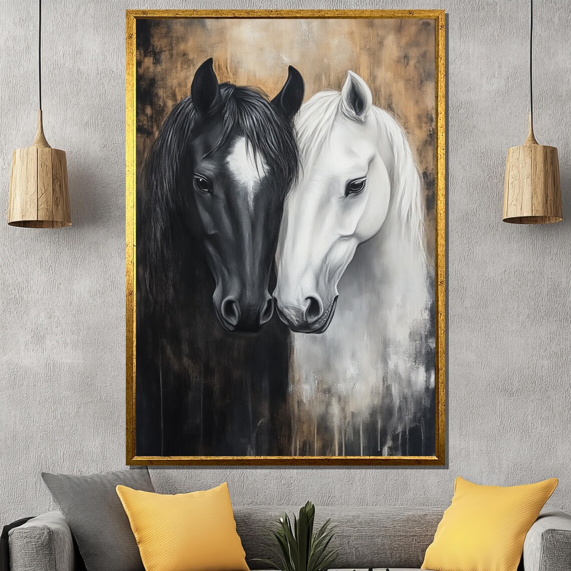 Black And White Horse Pair Elegant Equestrian Animal Painting Poster