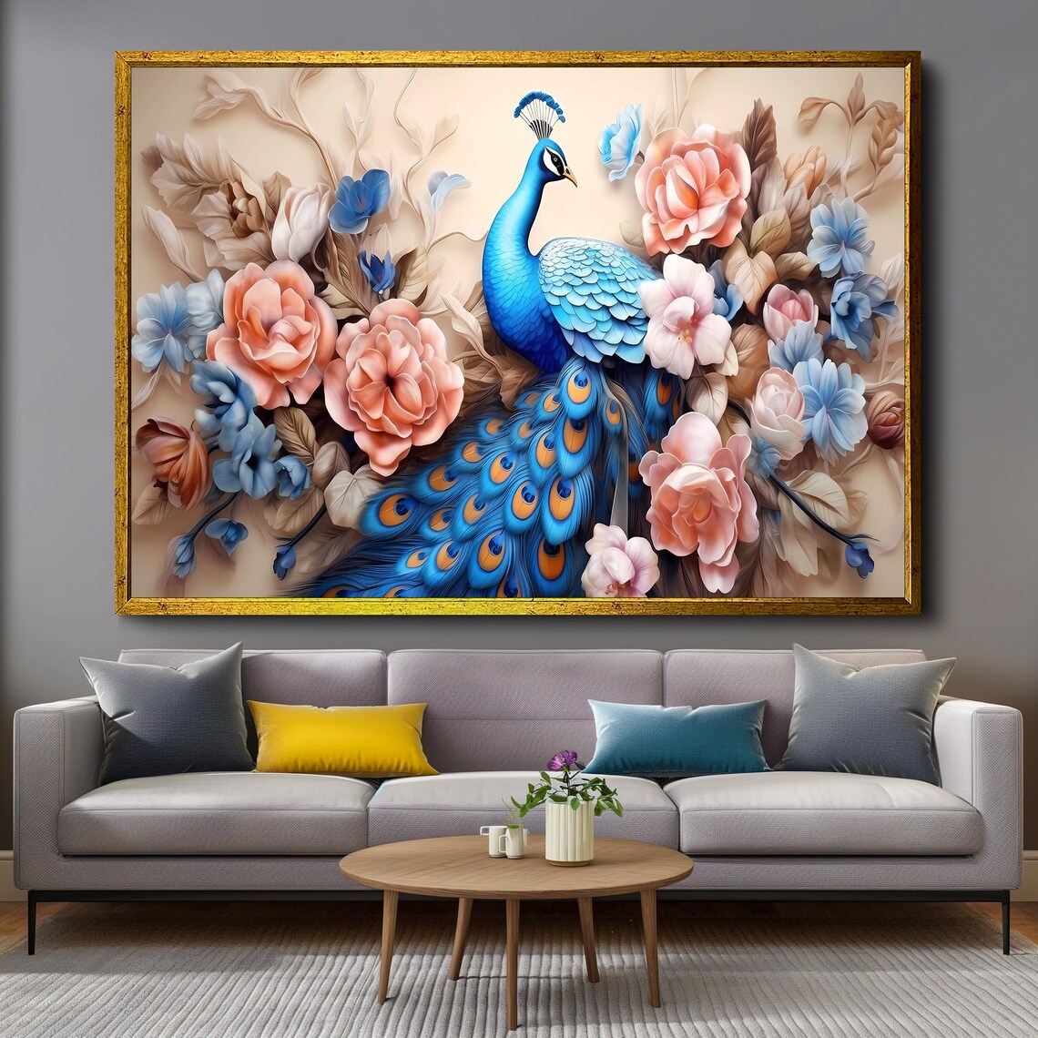 Elegant Blue Peacock With Blossom Floral Garden Decor Poster - Image 4
