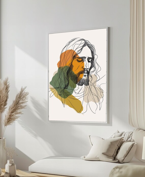 Abstract Line Art Portrait Of Jesus With Warm Earth Tone Washes Poster