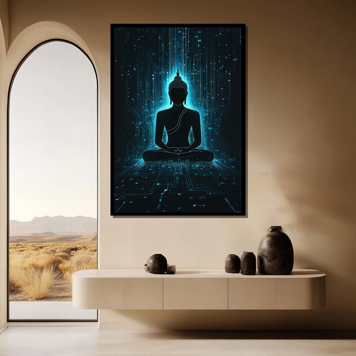 Futuristic Cyber Buddha Teal Circuit Glow Neon Abstract Art Poster - Image 3