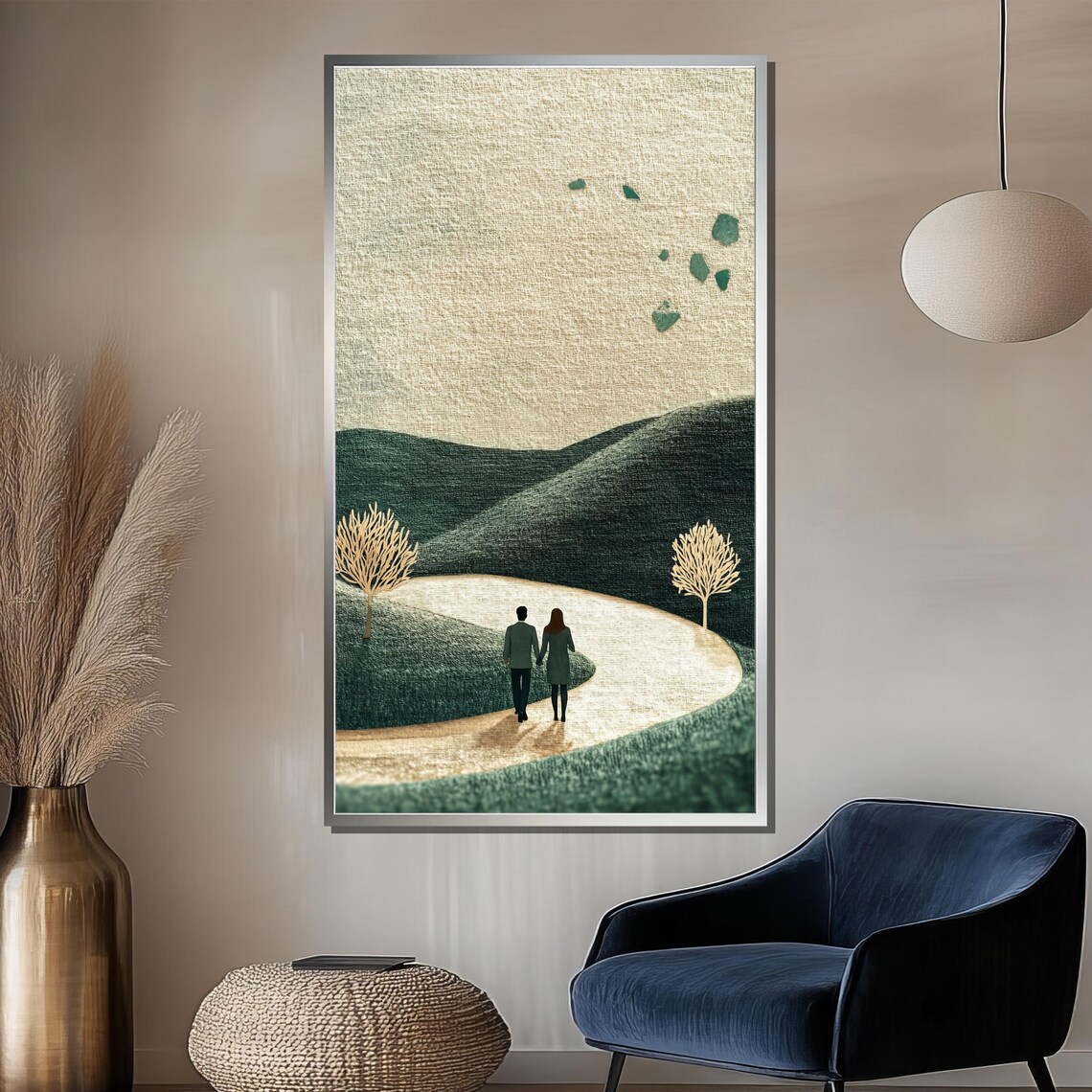 Minimalist Couple Walking Rolling Hills Path Modern Romance Poster - Image 2