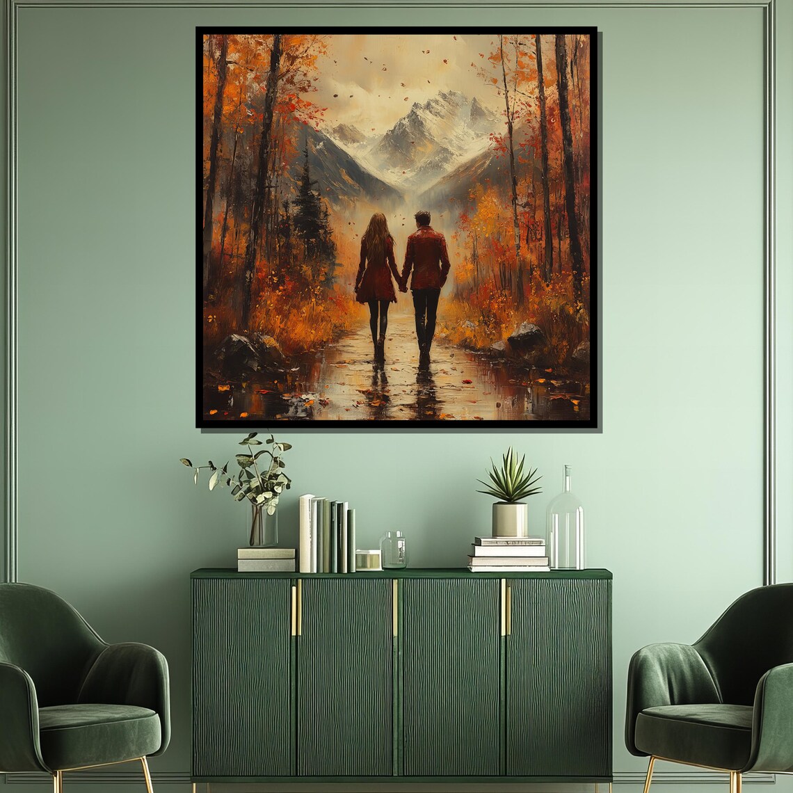 Couple Walking Autumn Forest Toward Snowy Mountains Art Poster - Image 3