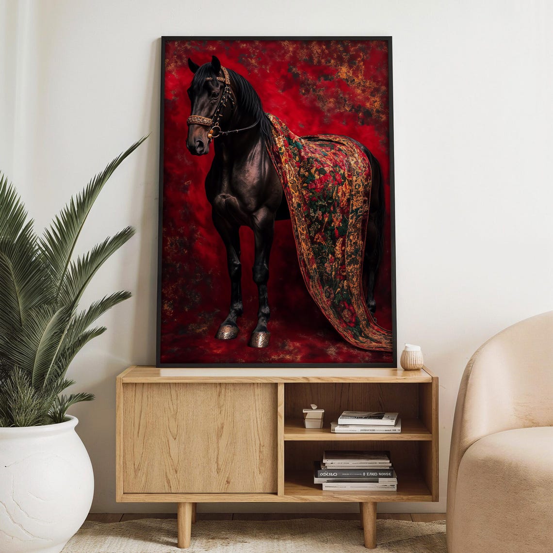 Black Horse Draped in Ornate Patterned Fabric on Deep Red Poster