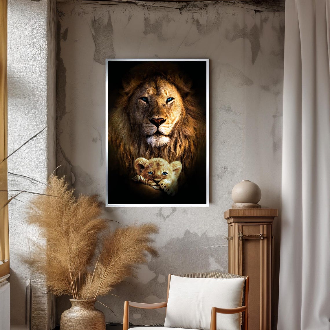 Protective Blue Eyed Lion Sheltering His Cub Portrait Poster - Image 3