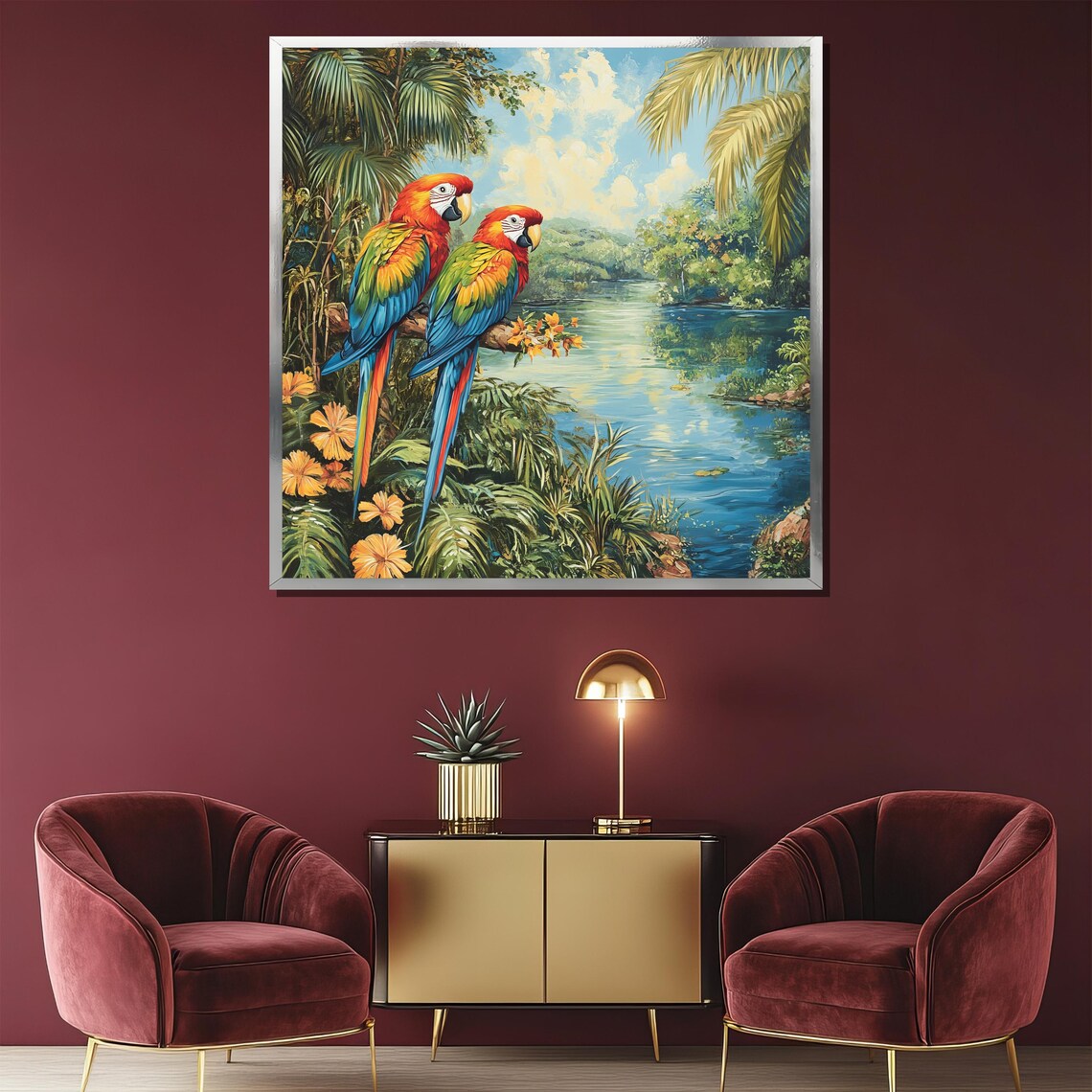 Scarlet Macaw Parrots By Tropical River Jungle Scene Art Poster - Image 2