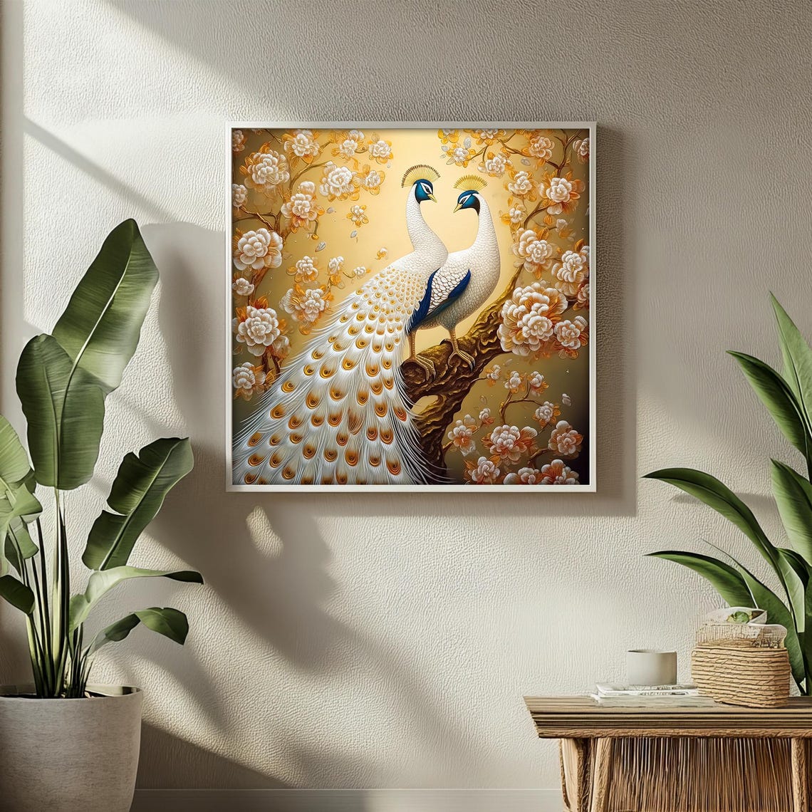 Elegant Pair of White Peacocks Golden Peony Blossom Art Poster - Image 2