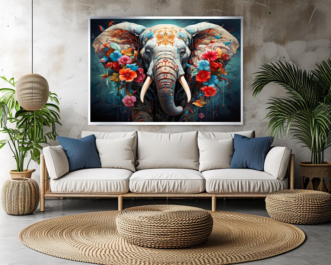 Colorful Elephant Head With Tropical Flowers Vibrant Art Poster - Image 3