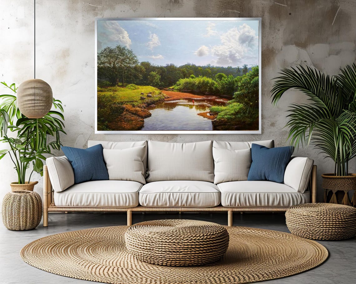 Serene River And Forest Landscape Art Ideal Gift For Nature Lovers Peaceful Greenery Wall Decor Painting - Image 3