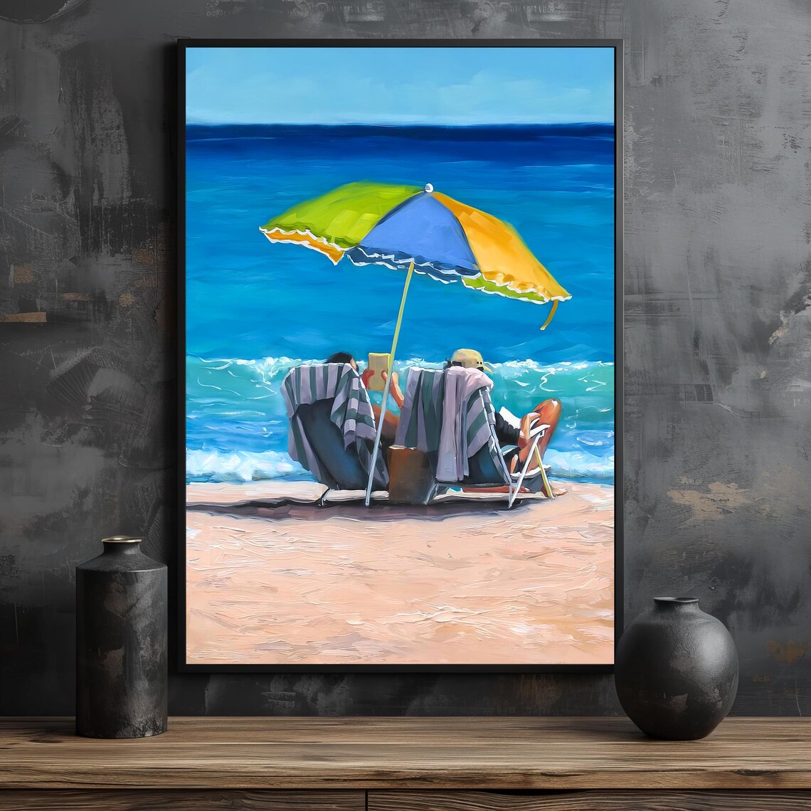 Relaxing Beach Day Couple Reading Under A Colorful Umbrella Poster - Image 2