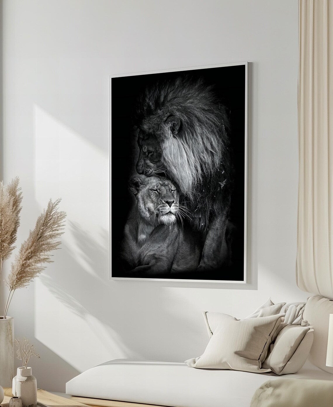 Monochrome Lion Resting His Head on the Lioness Poster For Bedroom Decor