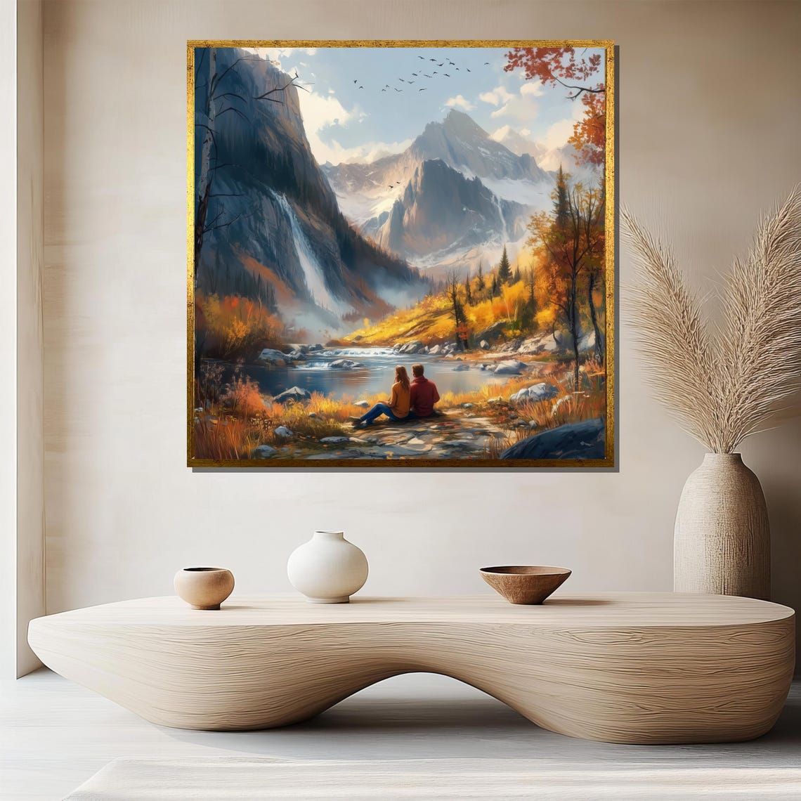 Couple by Alpine Lake With Waterfall and Snowy Peaks Art Poster