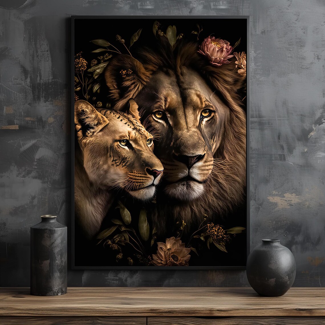 Tender Lion and Lioness Couple Dark Floral Portrait Poster For Bedroom Decor - Image 2