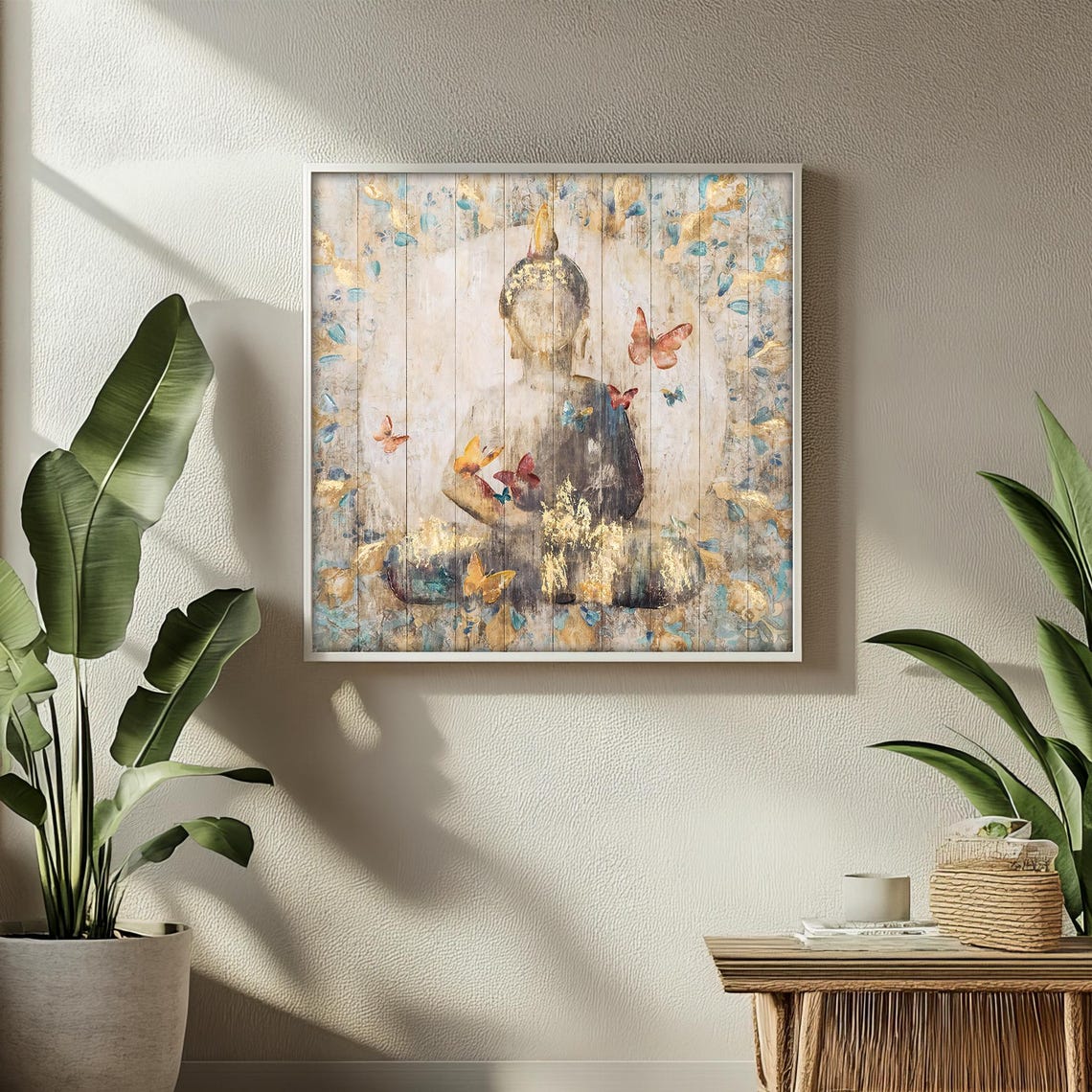 Serene Buddha With Butterflies Rustic Vintage Painting For Tranquil Meditation Space And Unique Zen Gift - Image 2