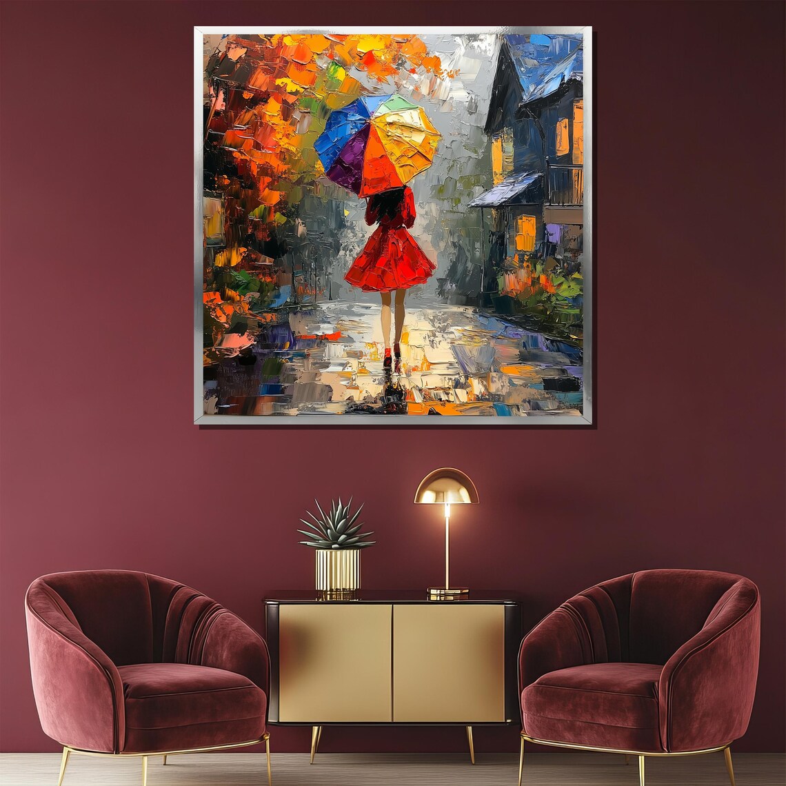 Rainbow Umbrella Girl On Autumn Street Impressionist Scene Poster - Image 2