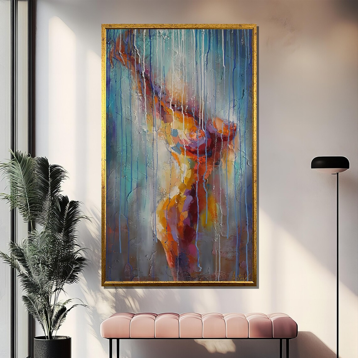 Abstract Female Figure in Dripping Paint Teal Orange Art Poster