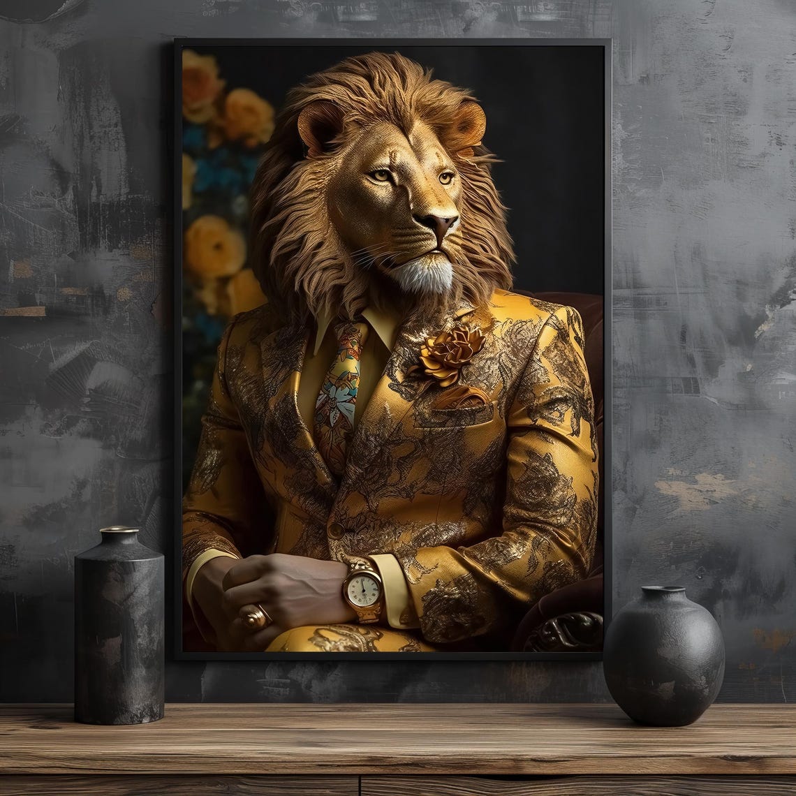 Regal Lion in a Gold Brocade Suit With Watch Portrait Poster - Image 2