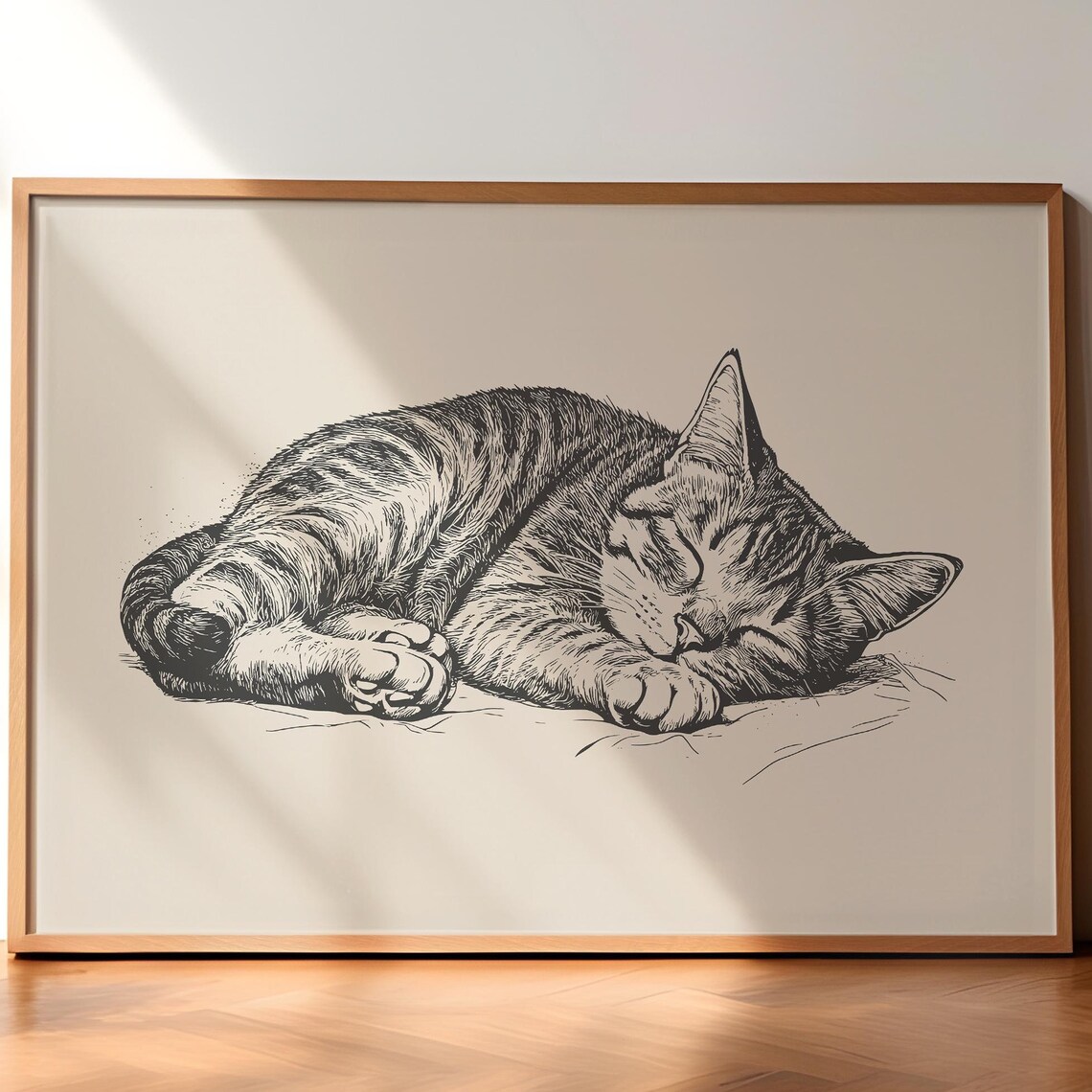 Sleeping Tabby Cat Curled Up Detailed Vintage Ink Sketch Poster