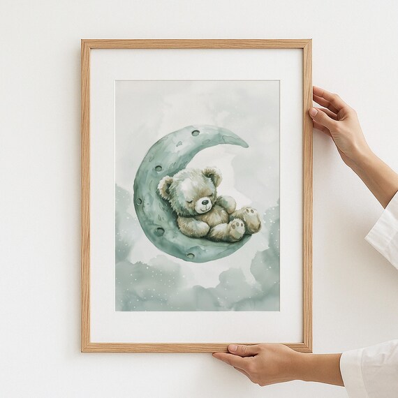 Sleeping Bear On Crescent Moon Watercolor Nursery Animal Poster