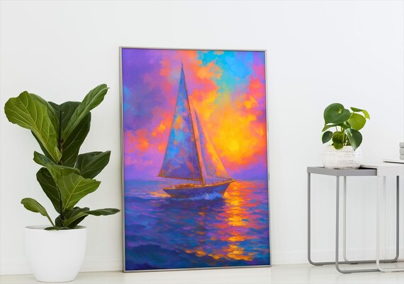 Sailboat Gliding at Sunset Purple Orange Nautical Art Poster