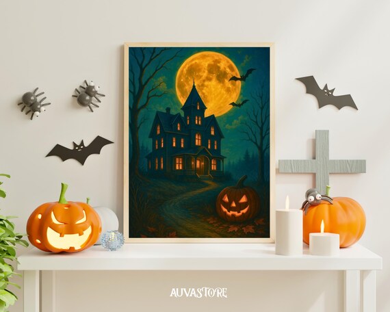Spooky Haunted House Halloween Art Gothic Full Moon Poster