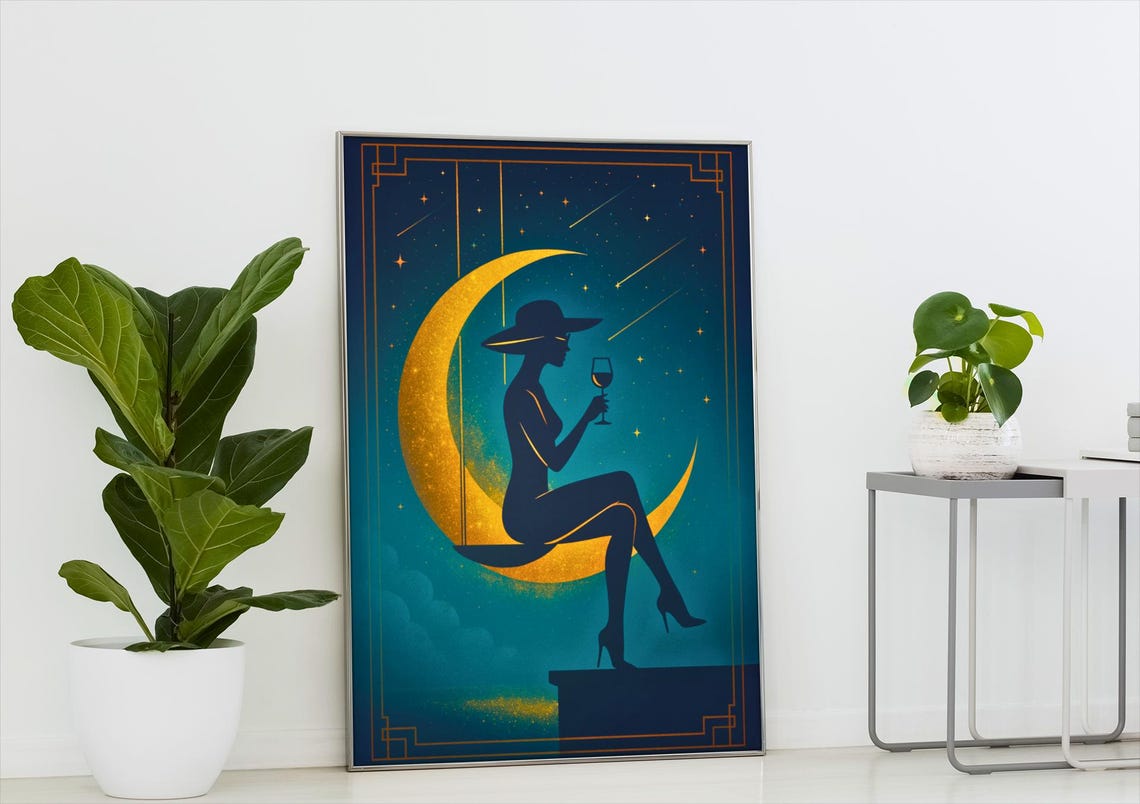 Art Deco Moon Wine Lady Print Teal Gold Celestial Bar