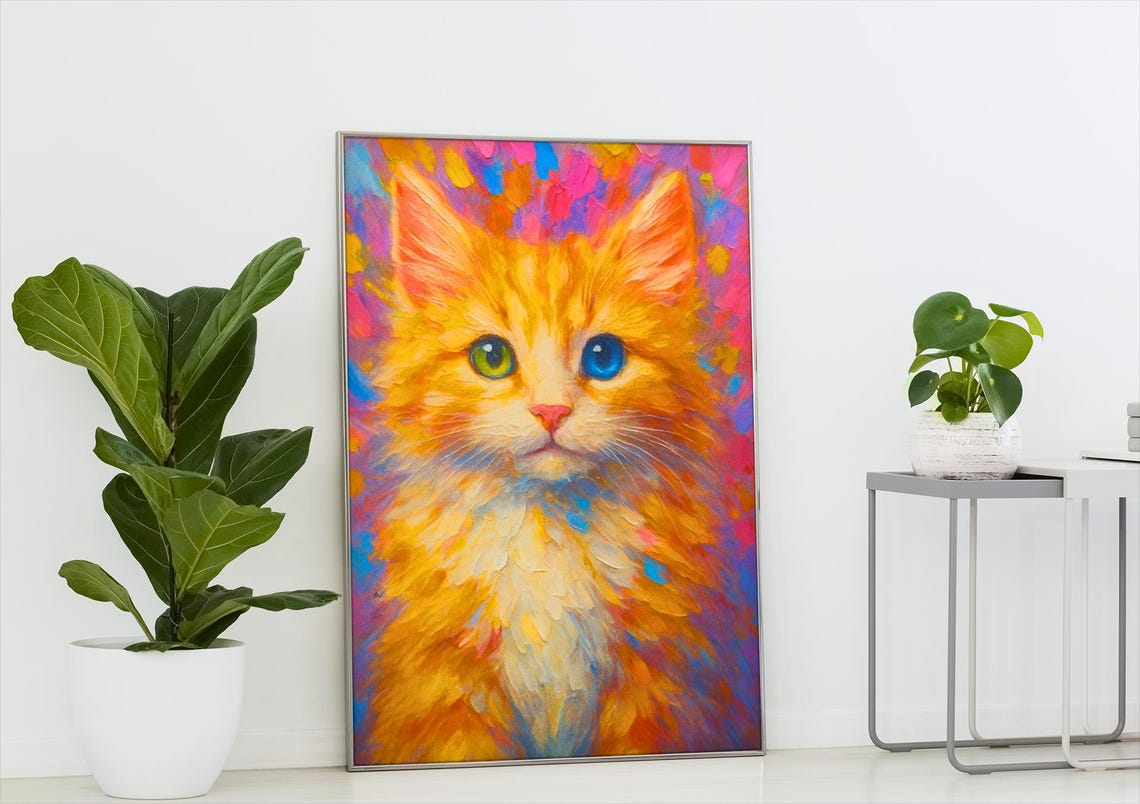 Orange Kitten Painting Abstract Cat Portrait Boho Nursery Art