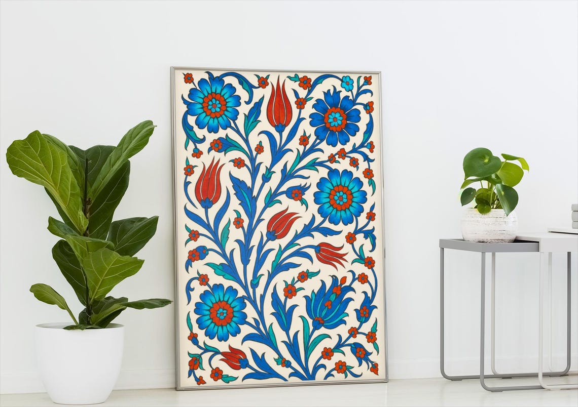 Iznik Ottoman Tulip Floral Blue Red Turkish Ceramic Style Art Print