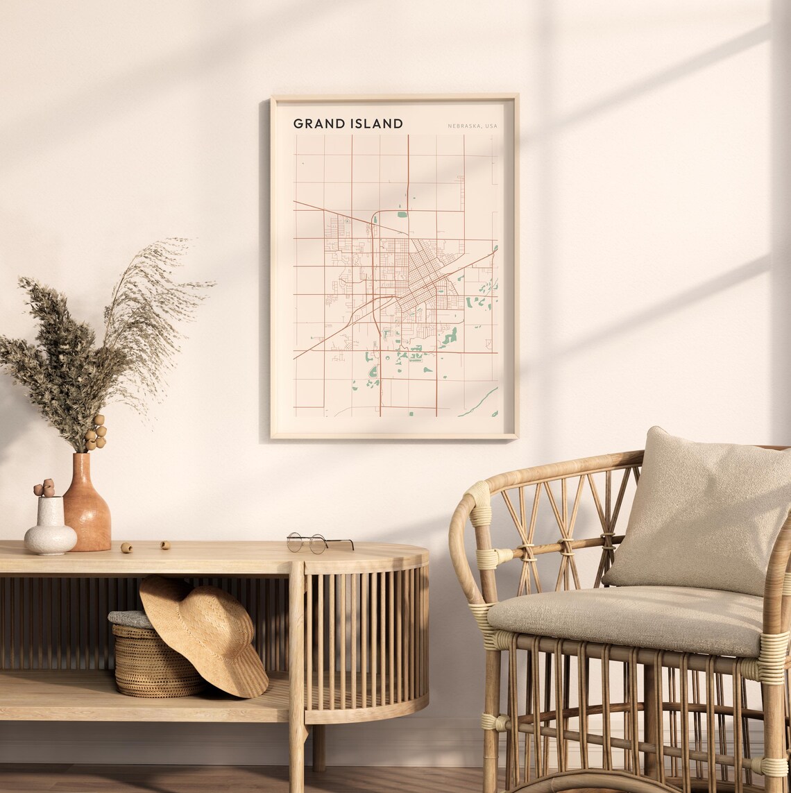Grand Island Nebraska Street Map Poster in Warm Brown Sage and Cream Tones - Image 2