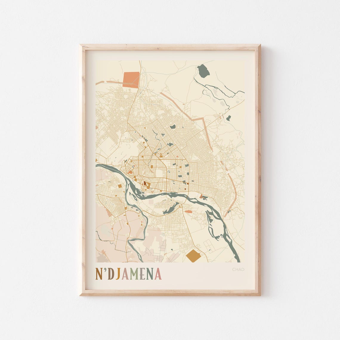 Ndjamena Chad River City Street Map Warm Vintage Style Art Poster