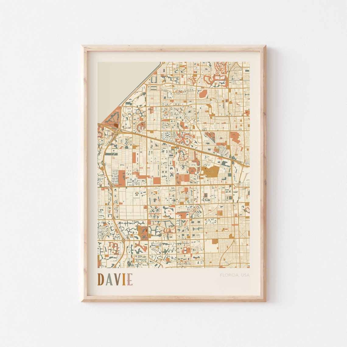 Davie Florida Colorful Retro Decorative Warm Tone City Map Poster