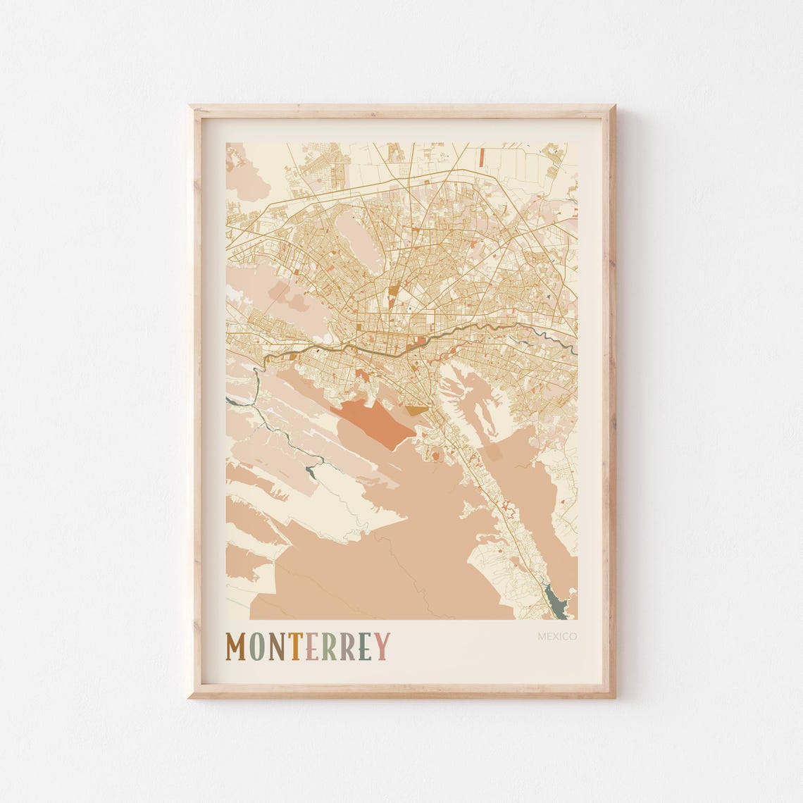 Monterrey Mexico City Street Map Boho Style Poster Travel Art Gift