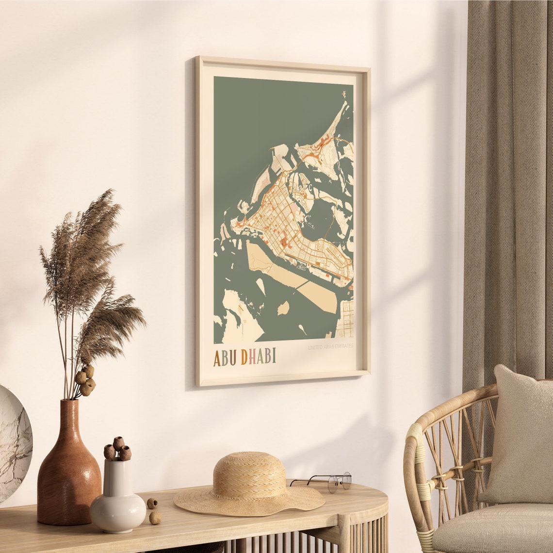 Abu Dhabi UAE City Map Boho Cream Minimalist Wall Decor Poster - Image 3