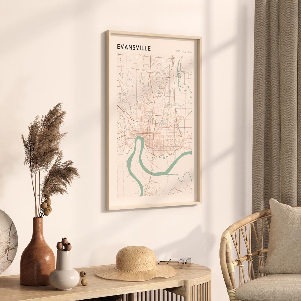 Evansville Indiana Minimalist Terracotta Street Line Map Poster - Image 3