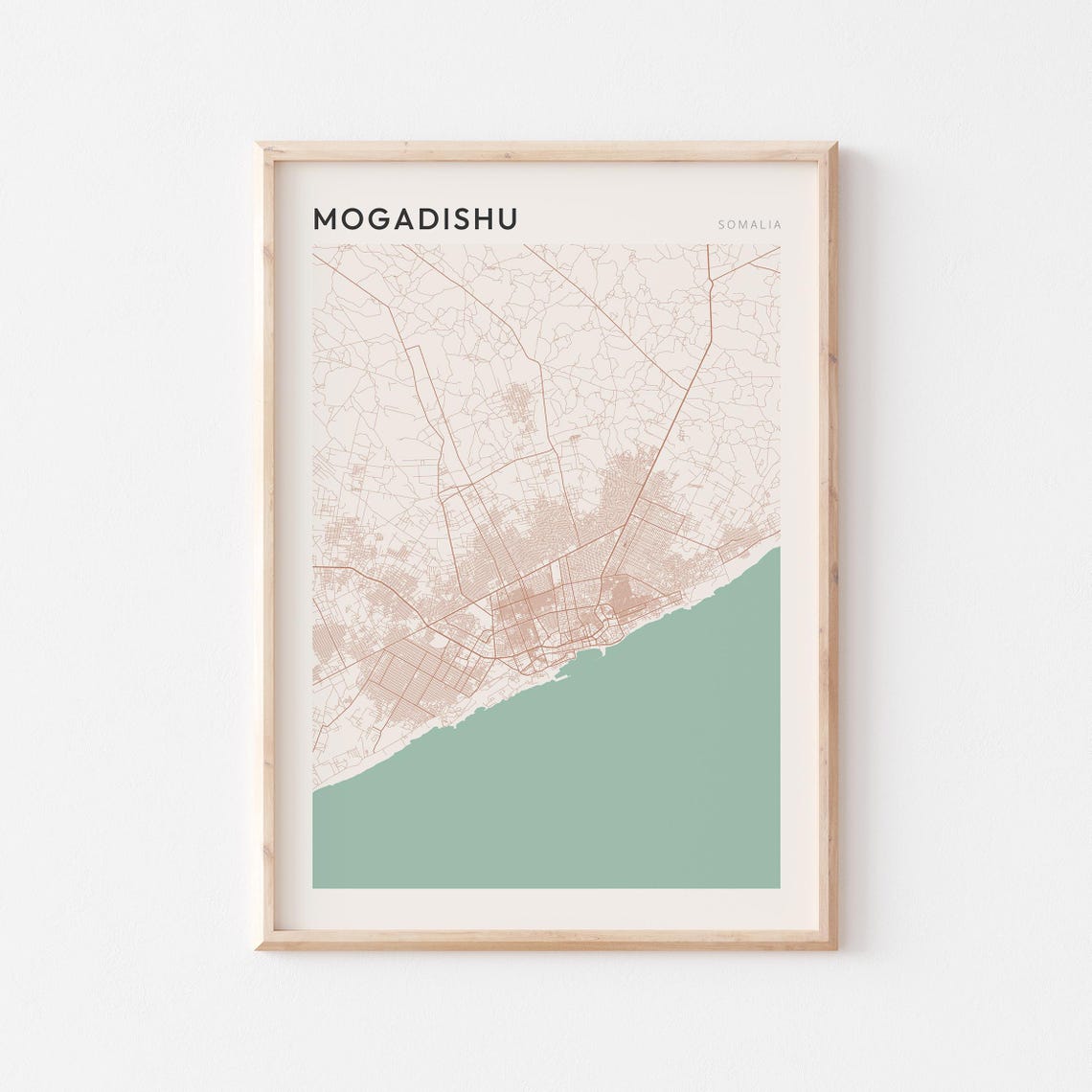 Mogadishu Somalia Minimalist Street Map Poster Coastal Green Decor