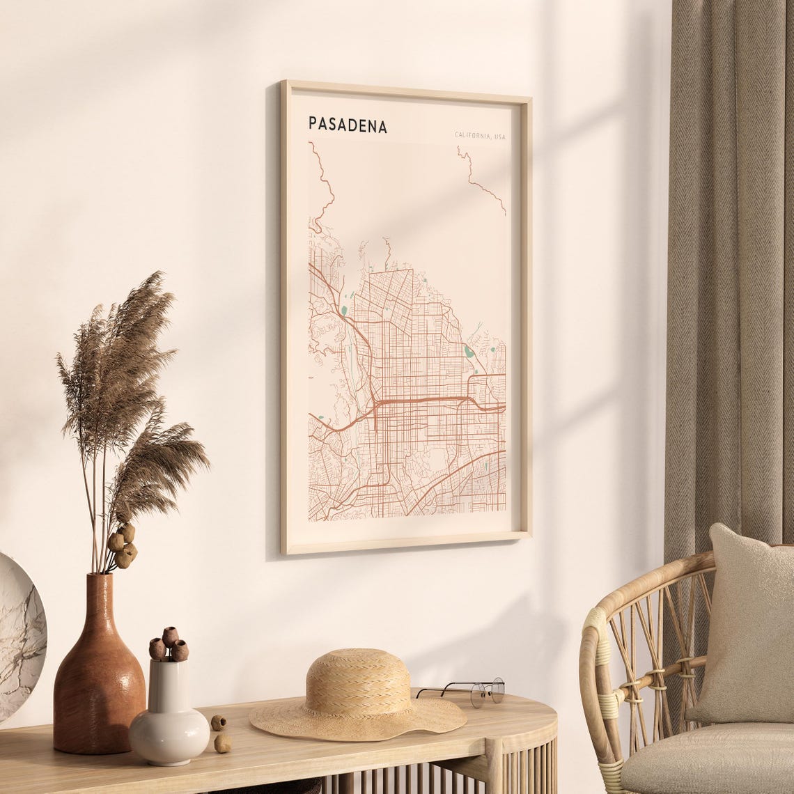 Pasadena California Minimalist Street Map Poster in Blush and Sage - Image 3