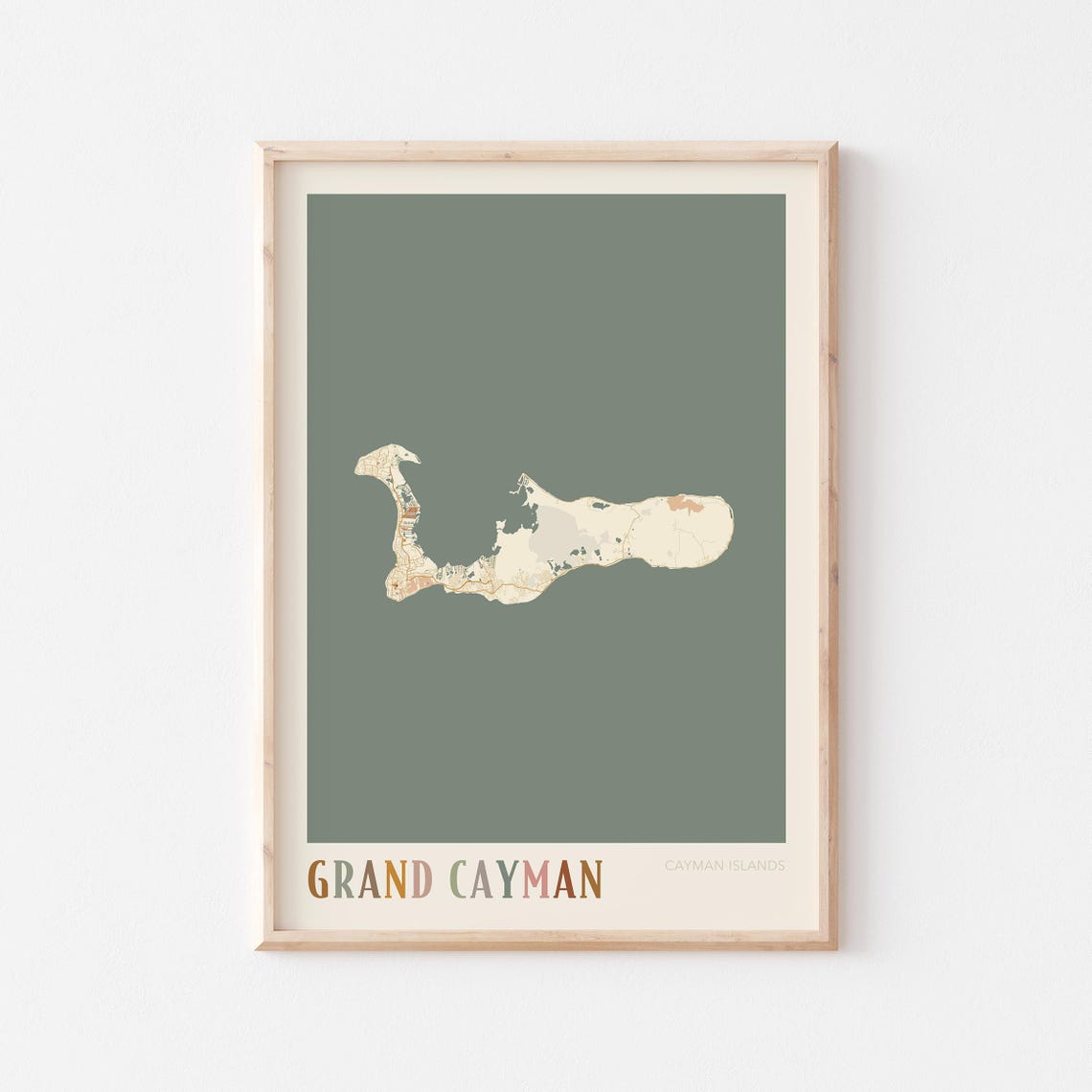 Grand Cayman Island Map Poster Boho Colors Olive Style Travel Gift Art