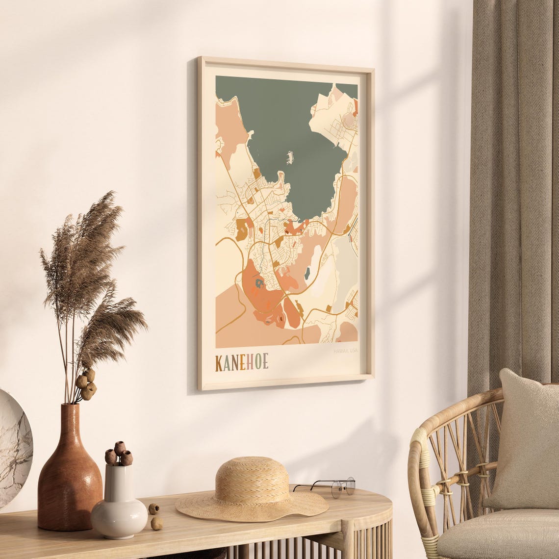 Kaneohe Hawaii Colorful Retro Coastal City Map Poster Boho Wall Decor - Image 3