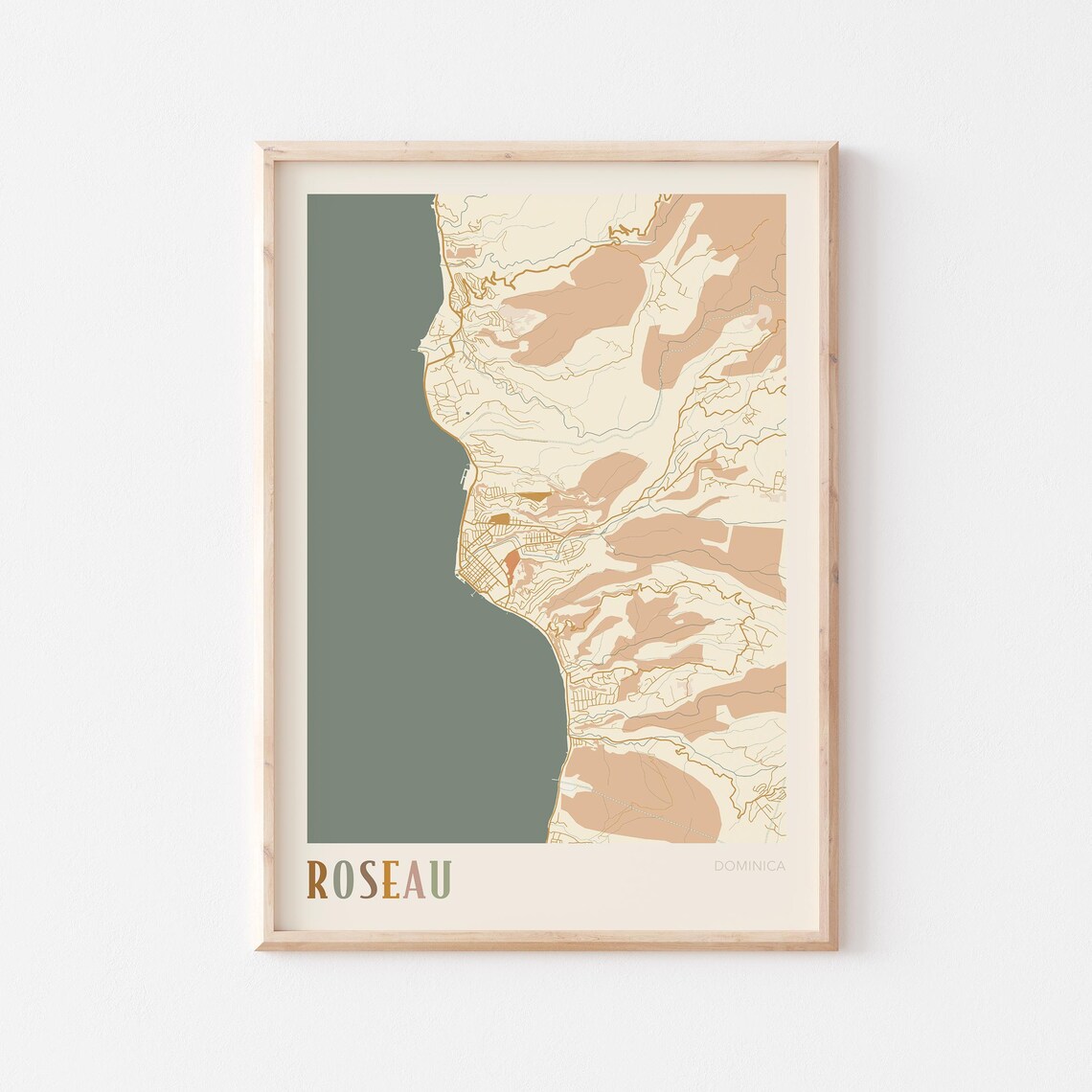 Roseau Map Poster Print Wall Art Dominica Travel Gift Boho