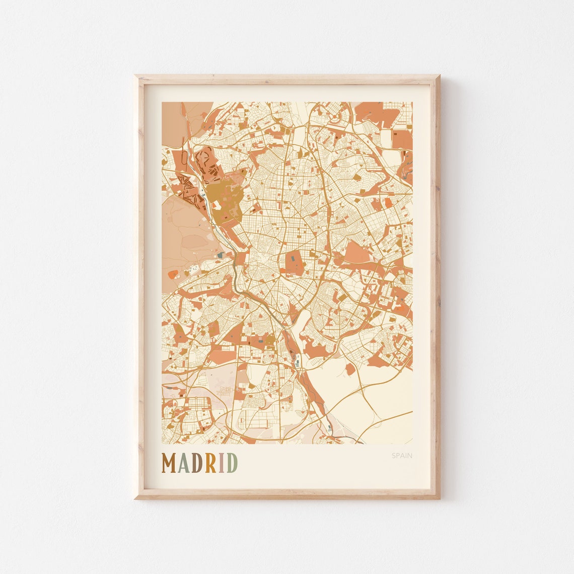 Madrid Spain Minimalist Street Map Poster in Boho Neutral Tones