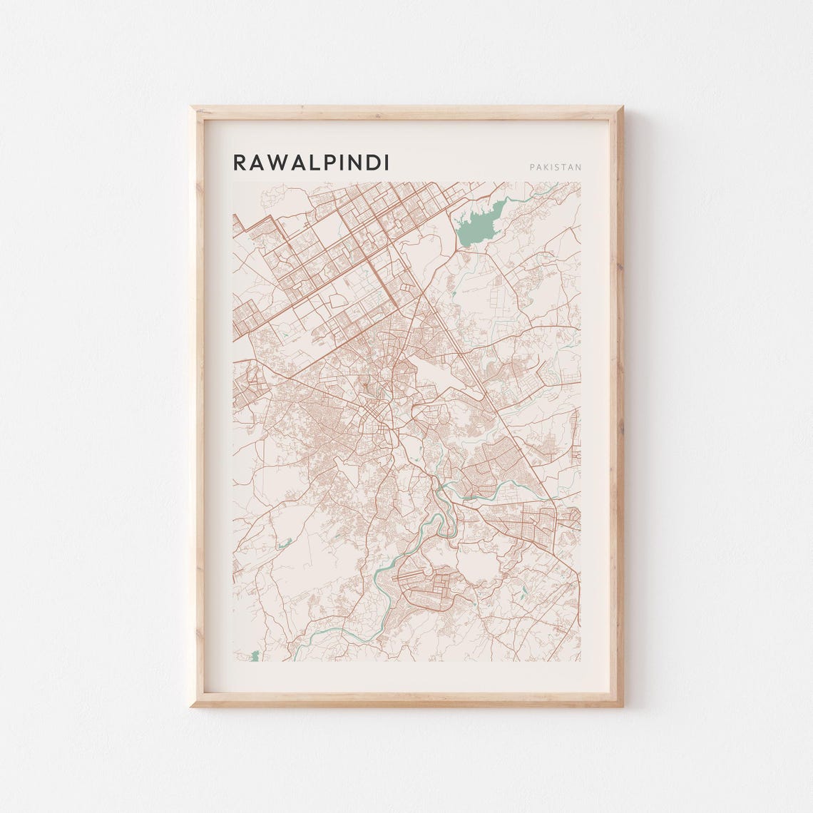 Rawalpindi Pakistan City Map Poster Minimalist Beige Teal Street Decor