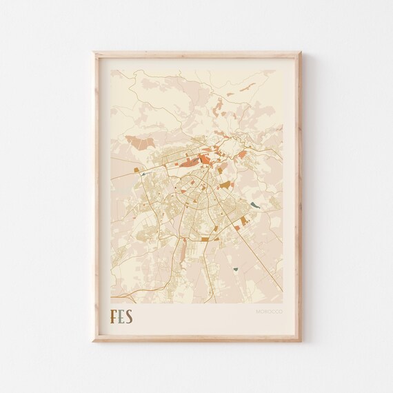 Fes Map Poster Print Wall Art Morocco Africa Travel Gift Boho Decor