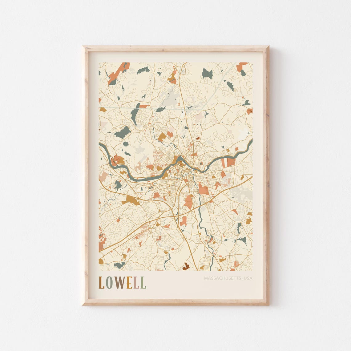 Lowell Massachusetts Scandinavian Boho City Map Wall Decor Poster