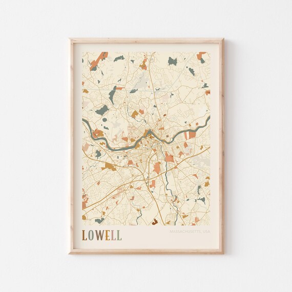 Lowell Massachusetts Scandinavian Boho City Map Wall Decor Poster