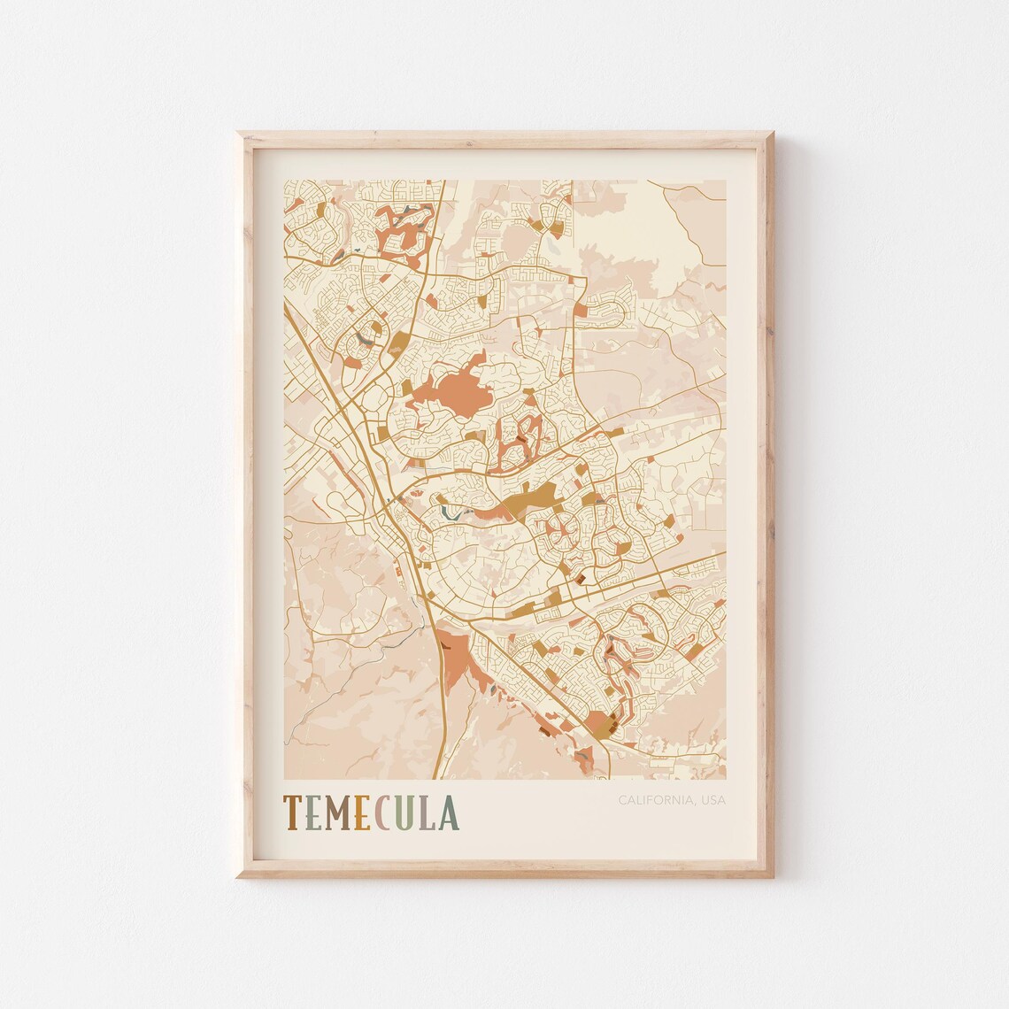 Temecula California Warm Tones City Map Poster for Living Room Decor