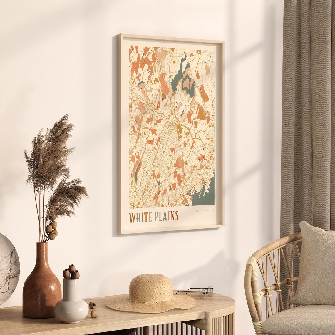 White Plains New York USA Warm Vintage Beige City Street Map Art Poster - Image 3